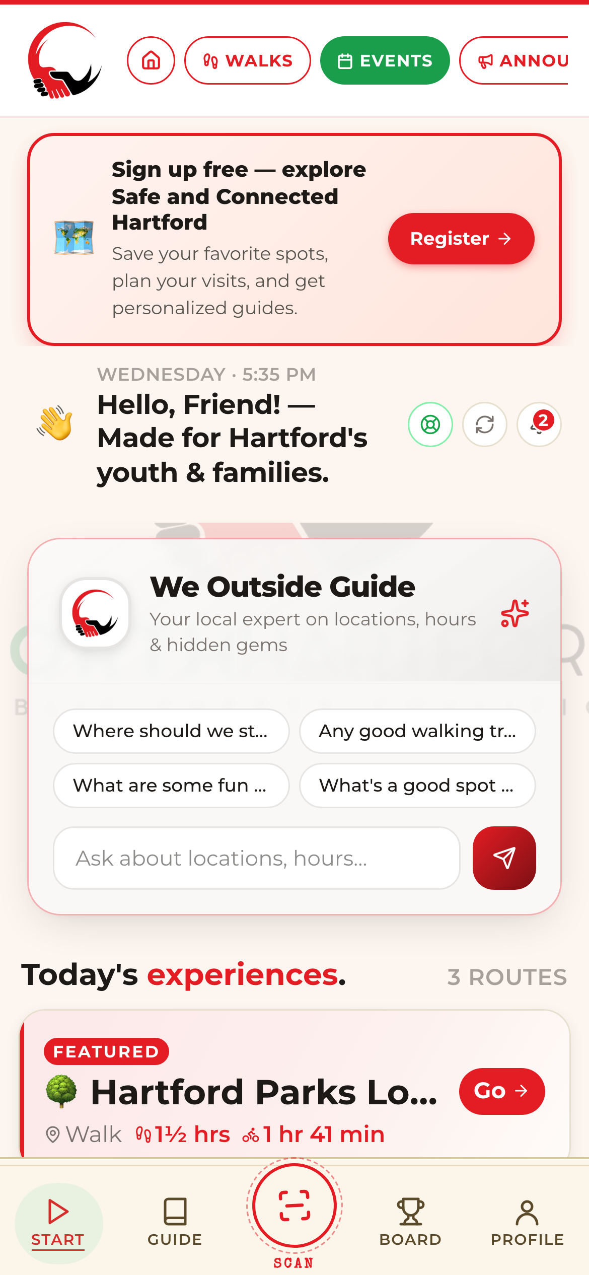 The We Outside app — AI local guide and today's guided experiences